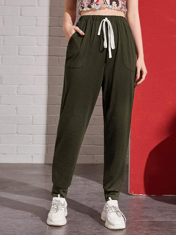 Tie Waist Pocket Patched Sweatpants - takostyle