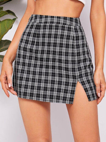 Split Hem Tartan Skirt - takostyle