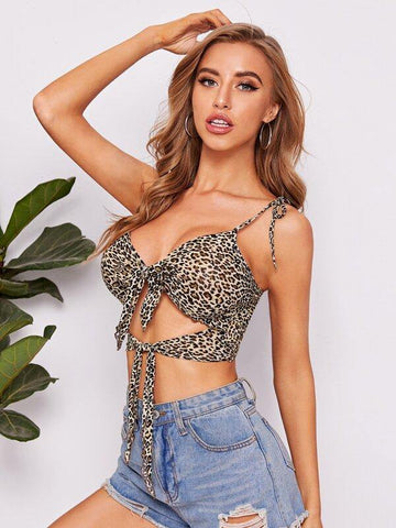 Tie Shoulder and Front Cutout Detail Leopard Crop Cami Top - takostyle