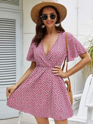 Plunge Neck Flutter Sleeve Ditsy Floral Dress - takostyle