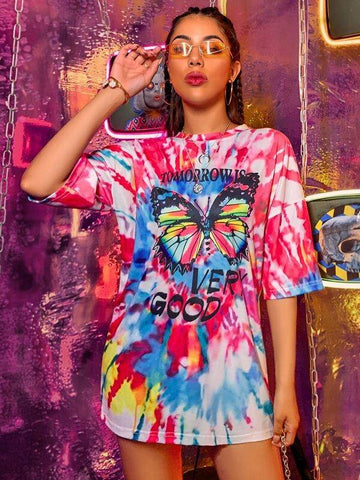 Butterfly Print Tie Dye Oversized Tee - takostyle