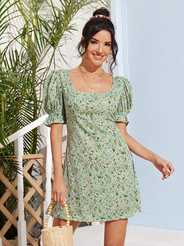 Ditsy Floral Flounce Sleeve Dress - takostyle