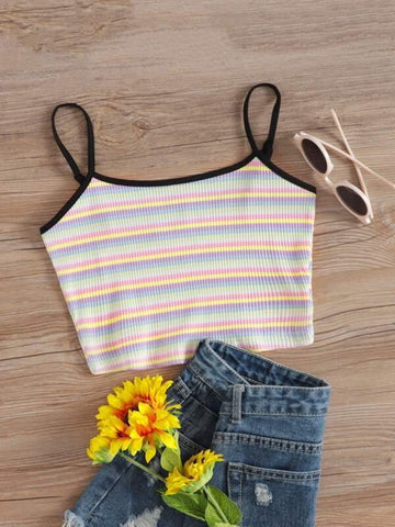 Striped Rib-knit Crop Cami Top - takostyle