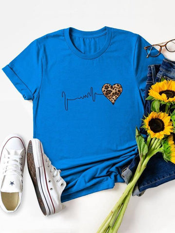 Heart And Leopard Crew Neck Tee - takostyle