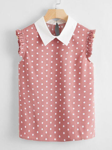 Polka Dot Contrast Collar Frill Cuff Blouse - takostyle