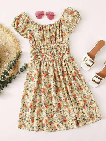 Off Shoulder Shirred Waist Floral Dress - takostyle
