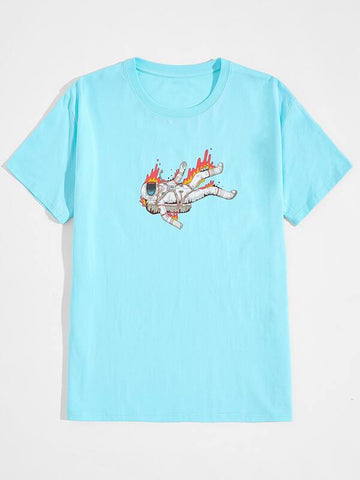 Men Spaceman Print Round Neck Tee