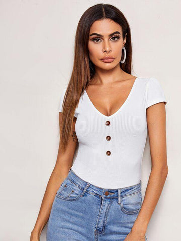 V-Neck Buttoned Front Rib-knit Top - takostyle