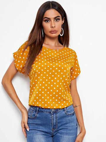 Cuffed Sleeve Polka Dot Top - takostyle