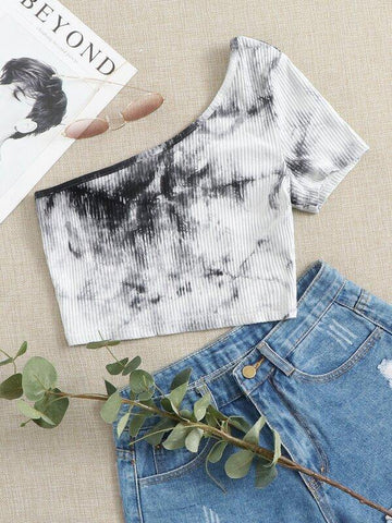 One Shoulder Rib-knit Tie Dye Crop Top - takostyle