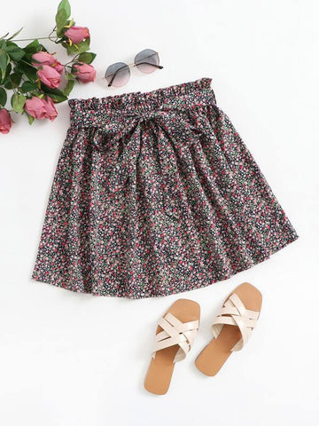 Ditsy Floral Print Paperbag Waist Belted Skirt - takostyle