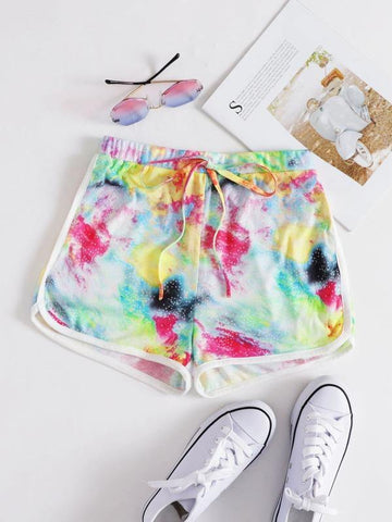 Knot Front Contrast Binding Tie Dye Dolphin Shorts - takostyle