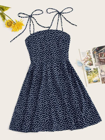 Tie Shoulder Ditsy Floral Cami Dress - takostyle