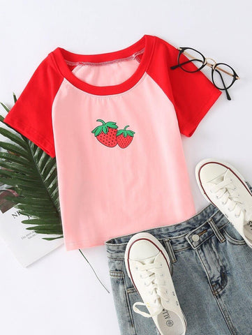 Strawberry Print Raglan Sleeve Tee - takostyle