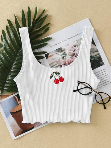 Cherry Embroidery Lettuce Trim Ribbed Tank Top - takostyle