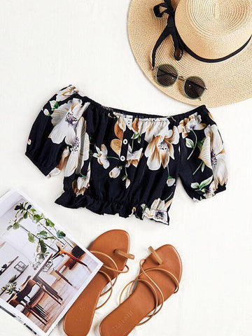 Off Shoulder Floral Print Blouse - takostyle