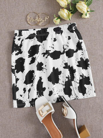 Cow Pattern Split Hem Mini Skirt - takostyle