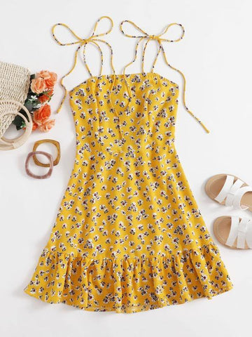 Self Tie Shoulder Flounce Hem Daisy Cami Dress - takostyle