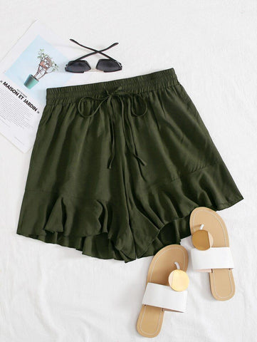 Drawstring Waist Ruffle Hem Solid Shorts - takostyle