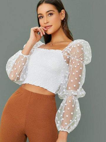 Frill Trim Bishop Sleeve Shirred Flocked Dot Mesh Crop Top - takostyle
