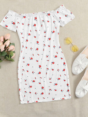 Floral Print Frill Bardot Dress