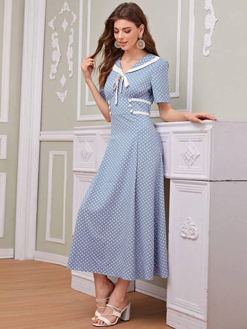 Sailor Collar Knot Front Polka Dot Dress - takostyle