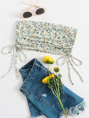 Ruched Drawstring Hem Ditsy Floral Tube Top - takostyle