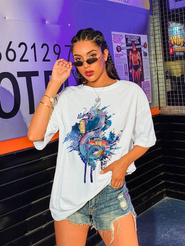 Drop Shoulder Dragon Print Oversized Tee - takostyle