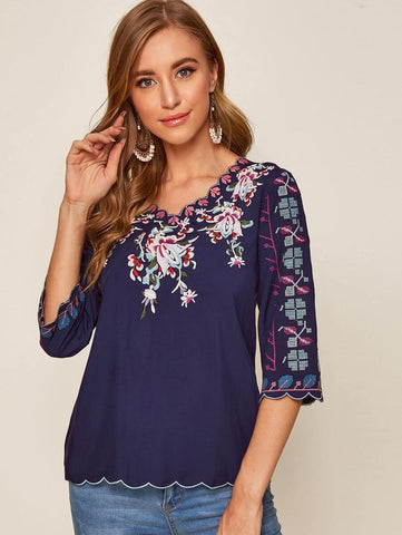 Floral Embroidery Scoop Trim Blouse - takostyle