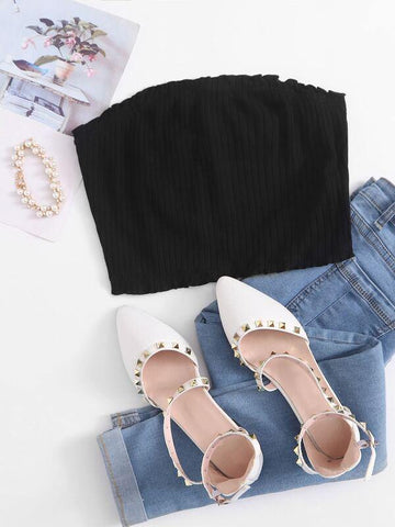 Frill Trim Rib-knit Tube Top - takostyle