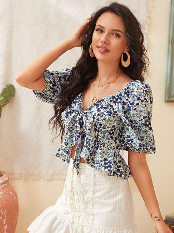 Tie Front Ruffle Hem Floral Top - takostyle