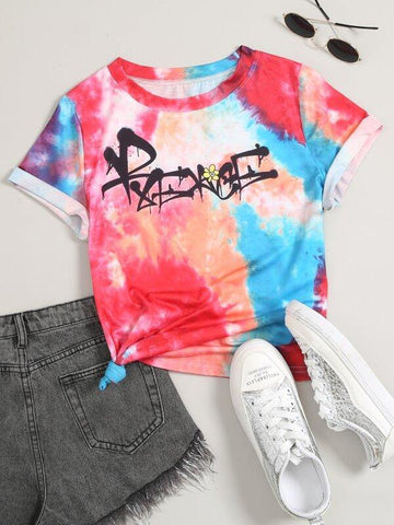Tie Dye And Letter Graphic Tee - takostyle