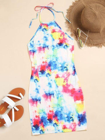 Tie Dye Halter Mini Dress - takostyle