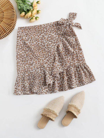 Ditsy Floral Print Ruffle Hem Knotted Skirt - takostyle