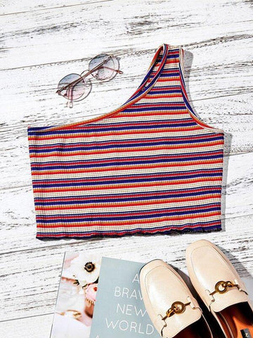 One Shoulder Colorful Striped Top - takostyle