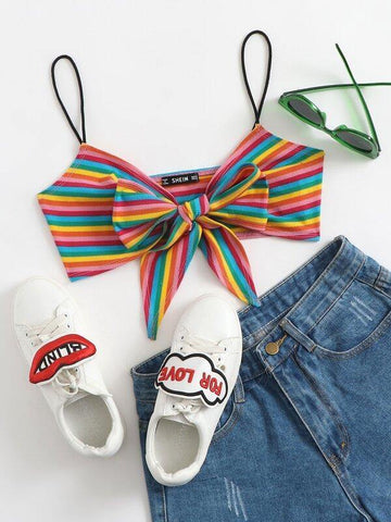 Knot Front Rainbow Striped Crop Top - takostyle