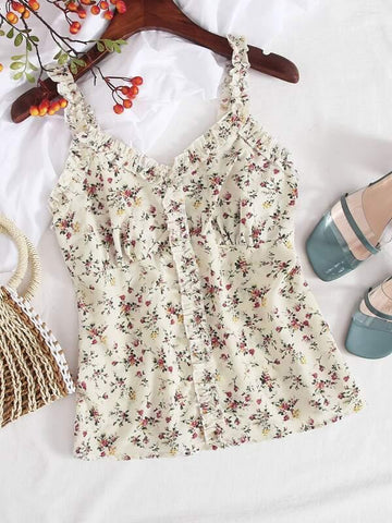 Frill Trim Ditsy Floral Print Top - takostyle