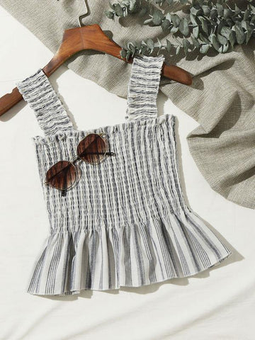 Frill Trim Shirred Striped Peplum Top - takostyle