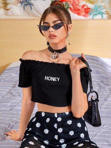 Letter Embroidery Frill Bardot Top - takostyle