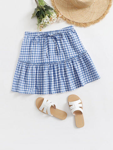 Knotted Waist Frill Trim Buffalo Plaid Skirt - takostyle