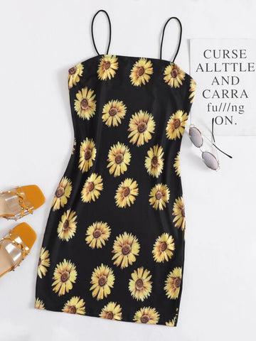 Sunflower Print Bodycon Dress