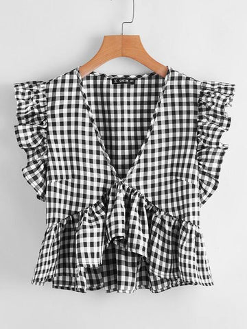 Gingham Print Ruffle Hem Blouse - takostyle