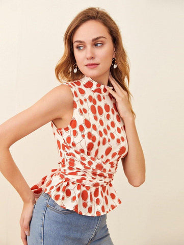 Mock-Neck Cross Wrap Tie Back Allover Print Top - takostyle