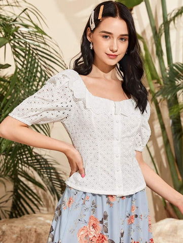 Puff Sleeve Ruffle Trim Buttoned Front Schiffy Blouse - takostyle