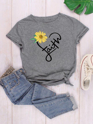 Letter & Floral Print Round Neck T-shirt - takostyle