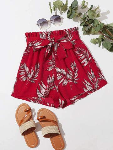 Tropical Print Self Tie Paperbag Shorts - takostyle