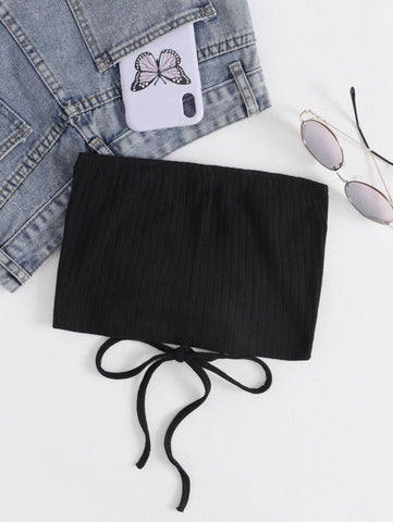 Lace Up Back Rib-knit Bandeau Top - takostyle