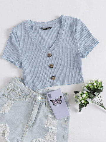 Lettuce Trim Buttoned Front Rib-knit Top - takostyle