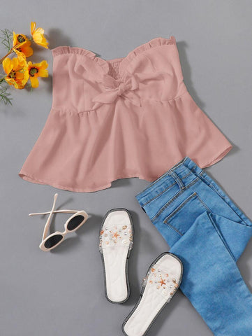 Tie Front Frill Shirred Tube Top - takostyle