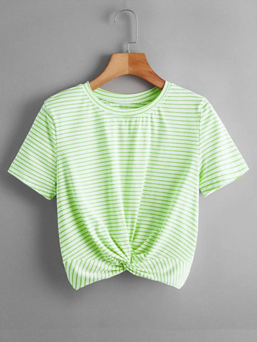 Striped Twist Hem Round Neck Tee - takostyle
